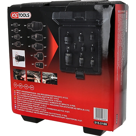 Schwarzes Werkzeugset in einer Box mit dem Logo "KS TOOLS". Die Box zeigt verschiedene Werkzeuge und eine detaillierte Beschreibung.